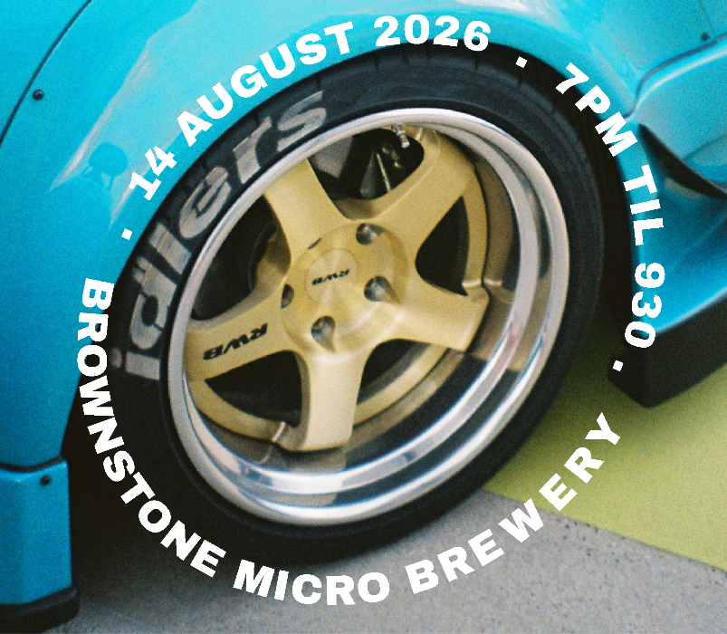 Promotional graphic for an event at Brownstone Micro Brewery, featuring a close-up of a bright turquoise car wheel with gold and silver rims. White text displays 'FAT ASS CHILLS DINNER CAR MEET', the date '14 AUGUST 2026', and the venue 'BROWNSTONE MICRO BREWERY'.